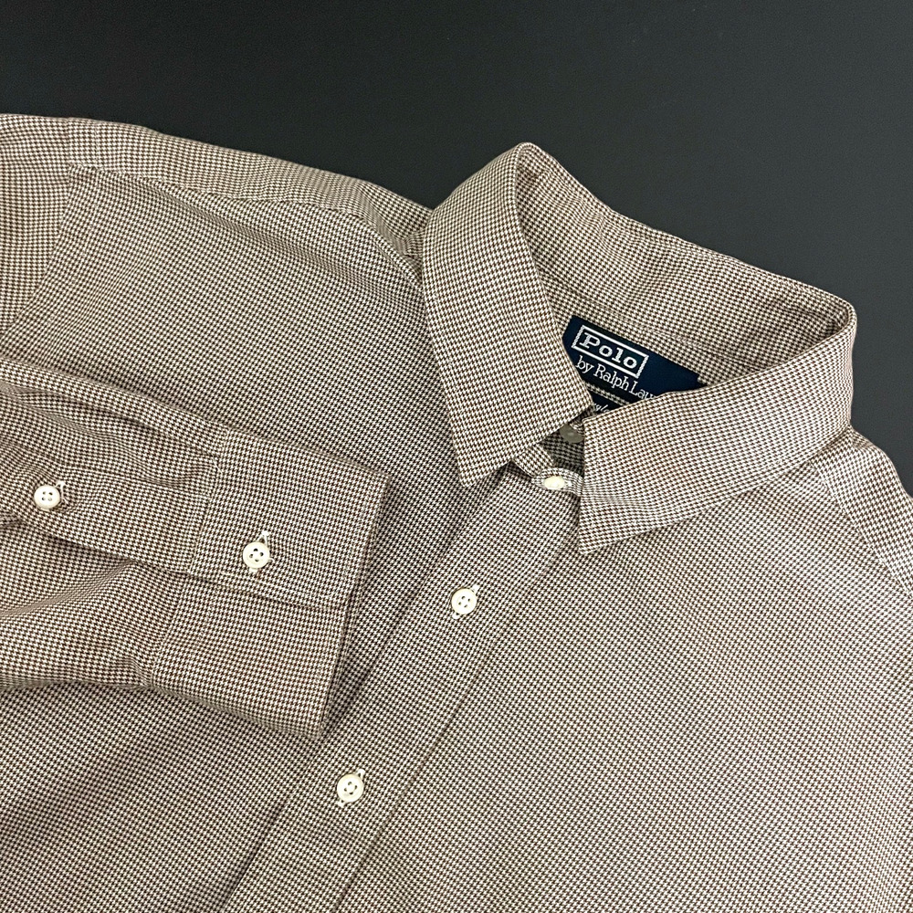 Vintage Polo Ralph Lauren Douglas Tab Shirt Mens 17 35 Brown Houndstooth 80s 90s